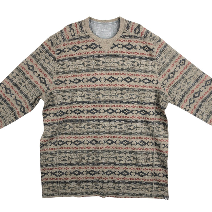 Eddie Bauer All-over Native Pattern Thermal Long-Sleeve T-Shirt (Waffle Knit) - Men's Size L (approx.) cotton Khaki type Vintage Second Hand