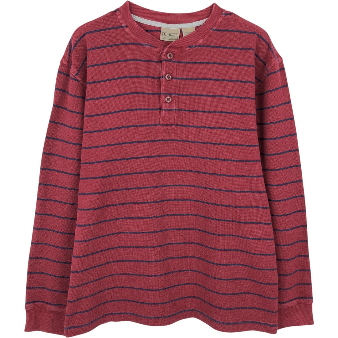 LLBean Border Pattern Herringbone Thermal Long-Sleeve T-Shirt (Waffle) - Men's Size L (approx.) cotton red type Vintage Second Hand