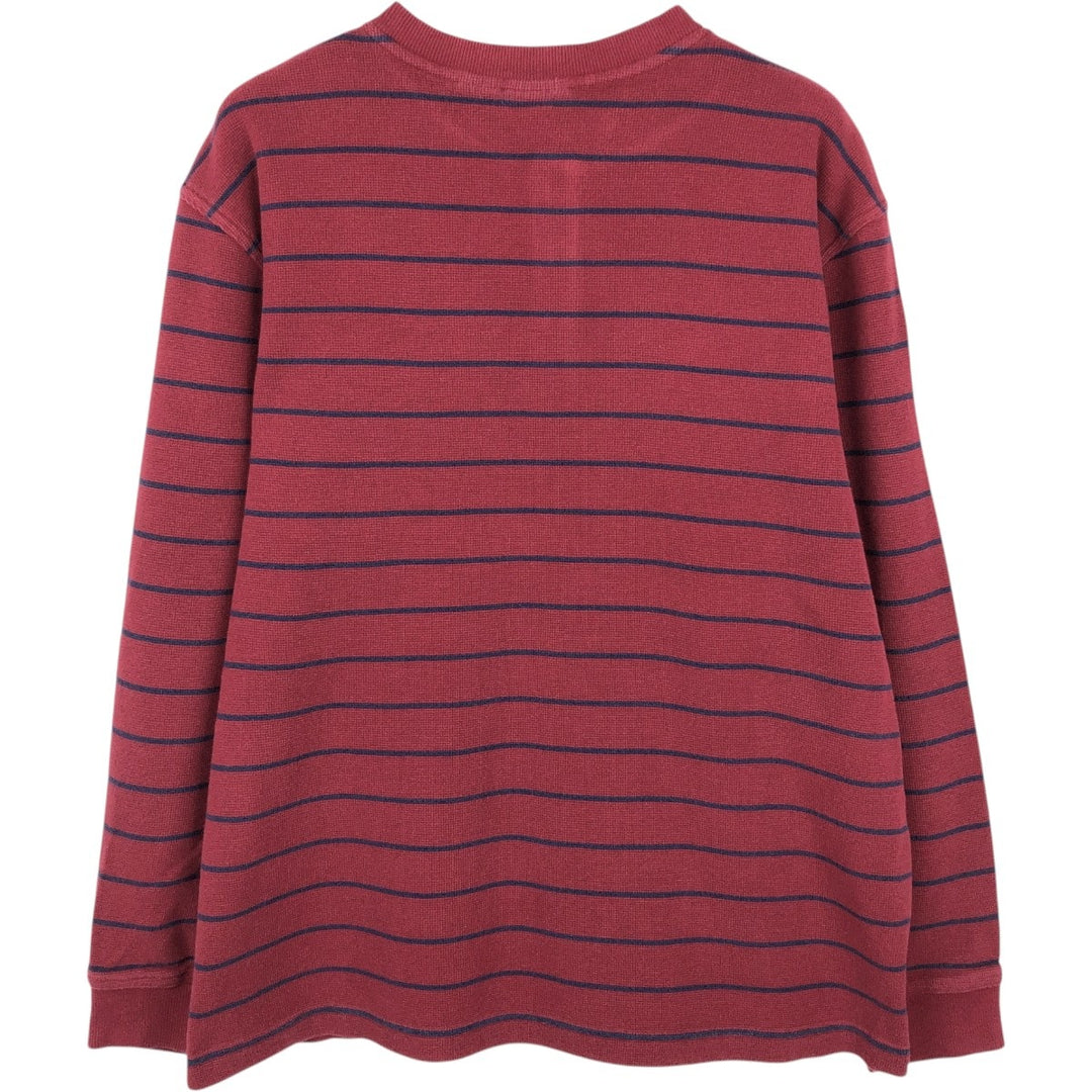 LLBean Border Pattern Herringbone Thermal Long-Sleeve T-Shirt (Waffle) - Men's Size L (approx.) cotton red type Vintage Second Hand