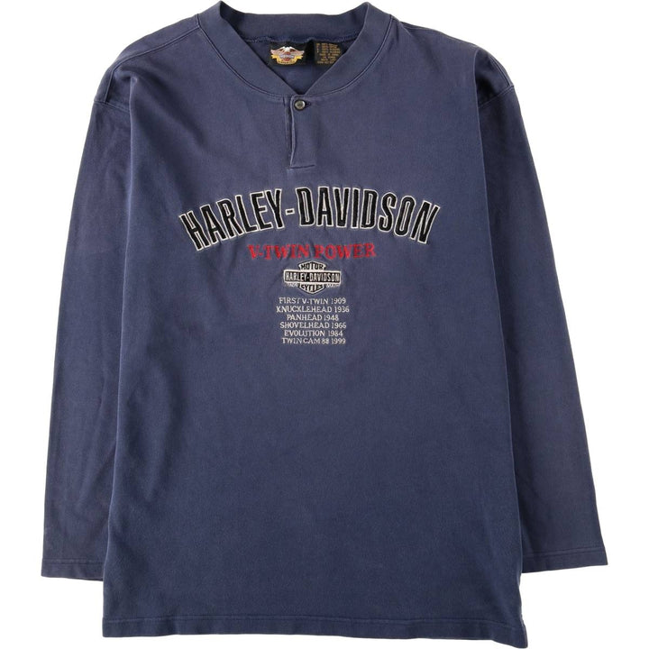 Harley-Davidson Motorcycle Henley Neck Long T-Shirt, Men's Size L cotton navy blue type Vintage Second Hand