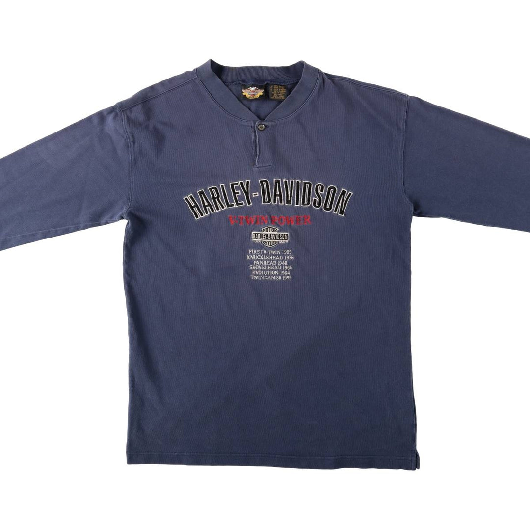 Harley-Davidson Motorcycle Henley Neck Long T-Shirt, Men's Size L cotton navy blue type Vintage Second Hand