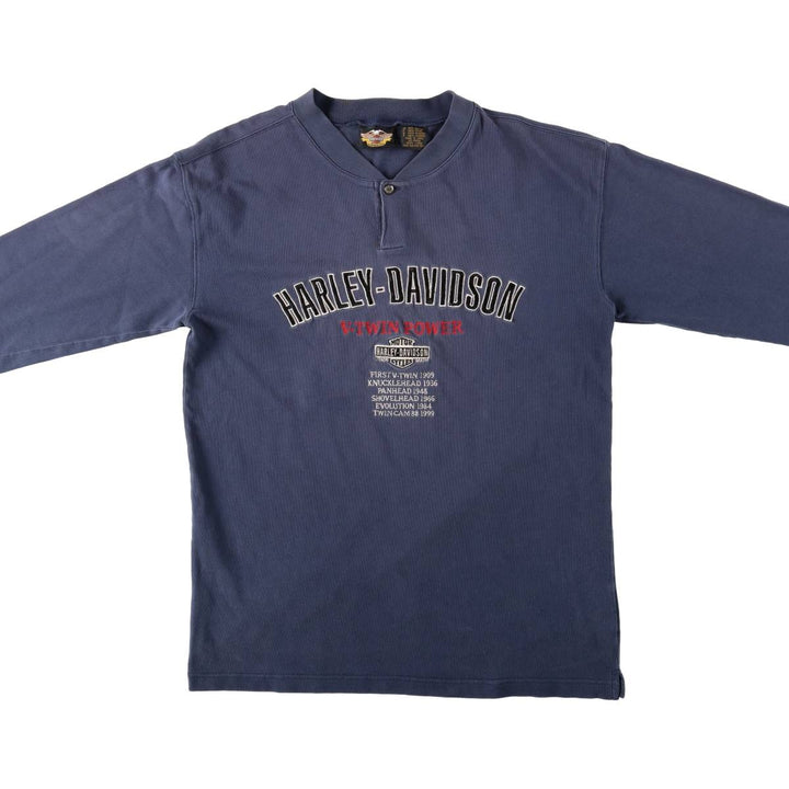 Harley-Davidson Motorcycle Henley Neck Long T-Shirt, Men's Size L cotton navy blue type Vintage Second Hand