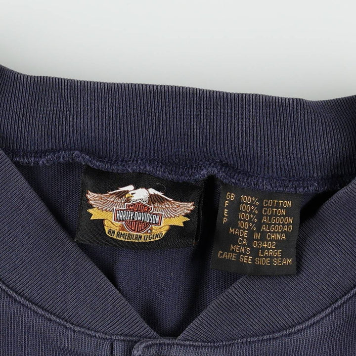 Harley-Davidson Motorcycle Henley Neck Long T-Shirt, Men's Size L cotton navy blue type Vintage Second Hand
