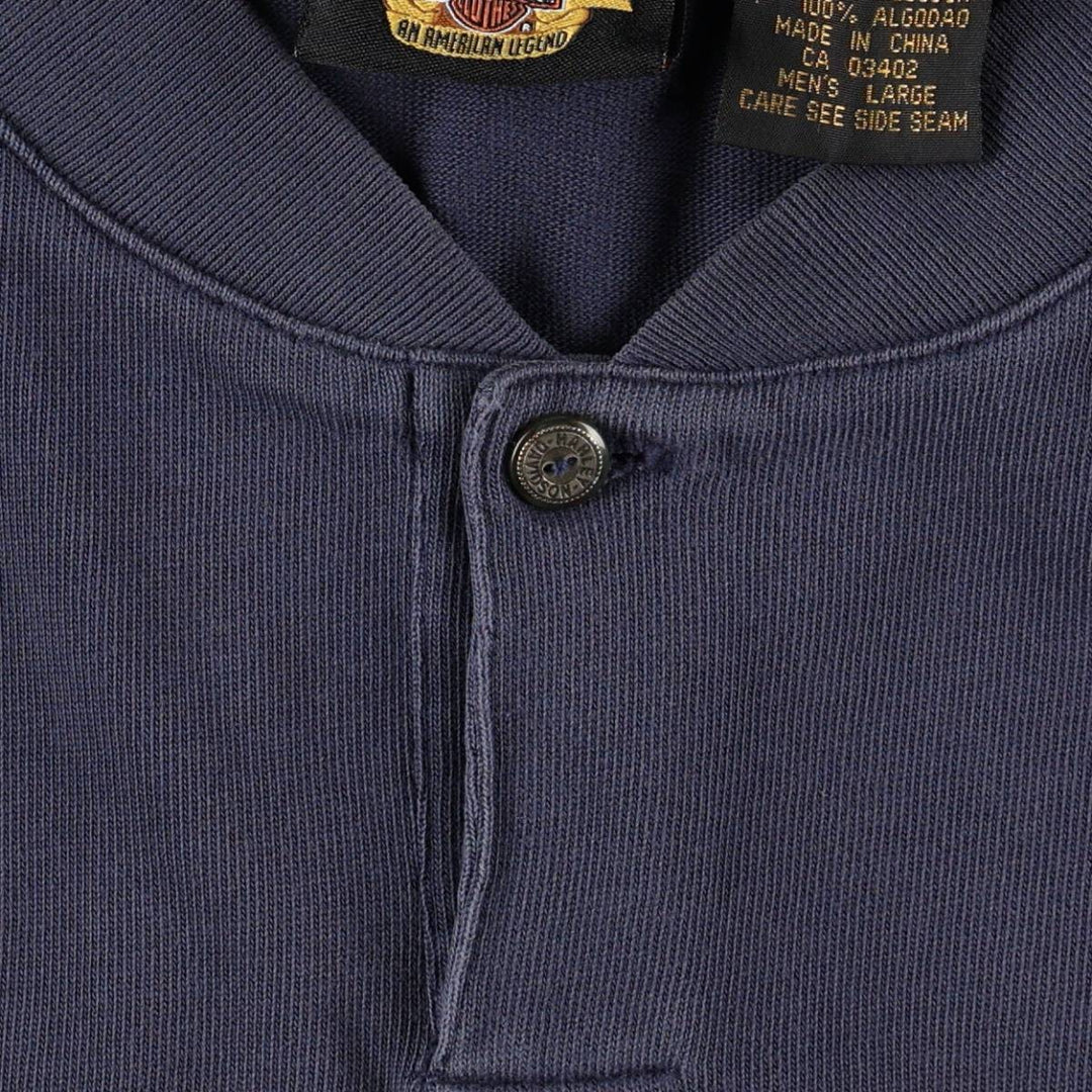 Harley-Davidson Motorcycle Henley Neck Long T-Shirt, Men's Size L cotton navy blue type Vintage Second Hand
