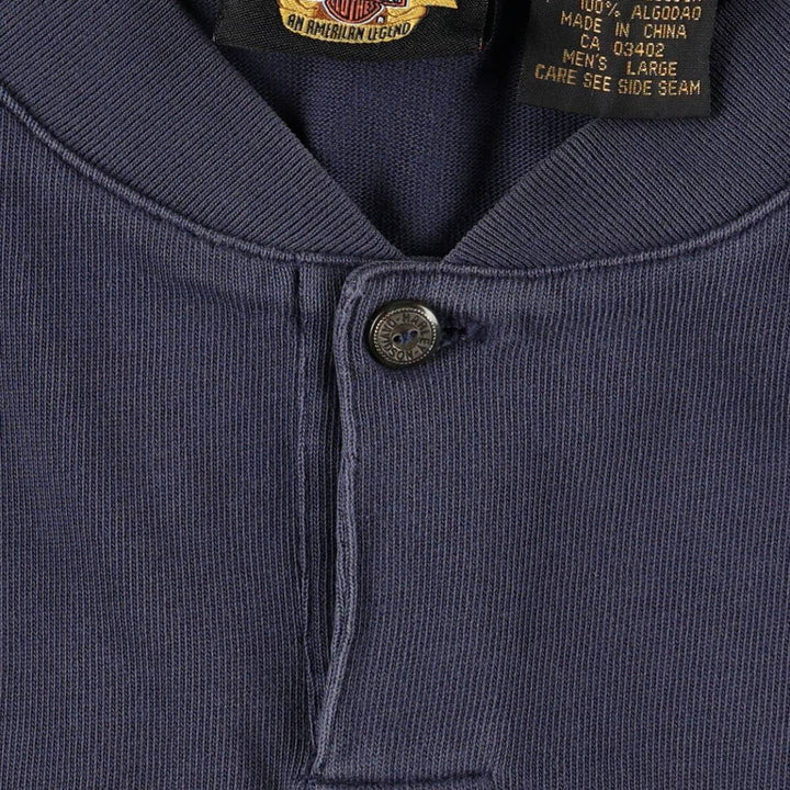 Harley-Davidson Motorcycle Henley Neck Long T-Shirt, Men's Size L cotton navy blue type Vintage Second Hand