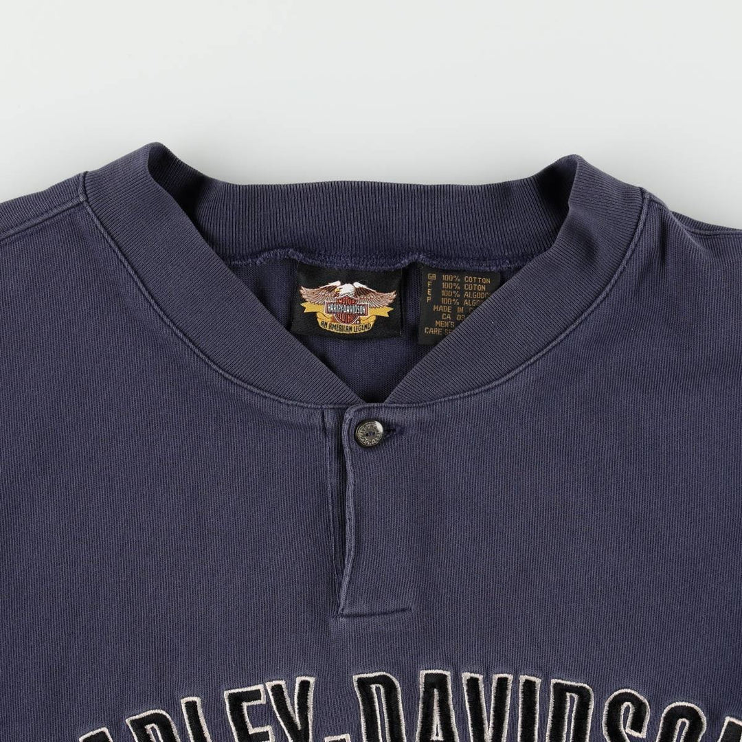 Harley-Davidson Motorcycle Henley Neck Long T-Shirt, Men's Size L cotton navy blue type Vintage Second Hand