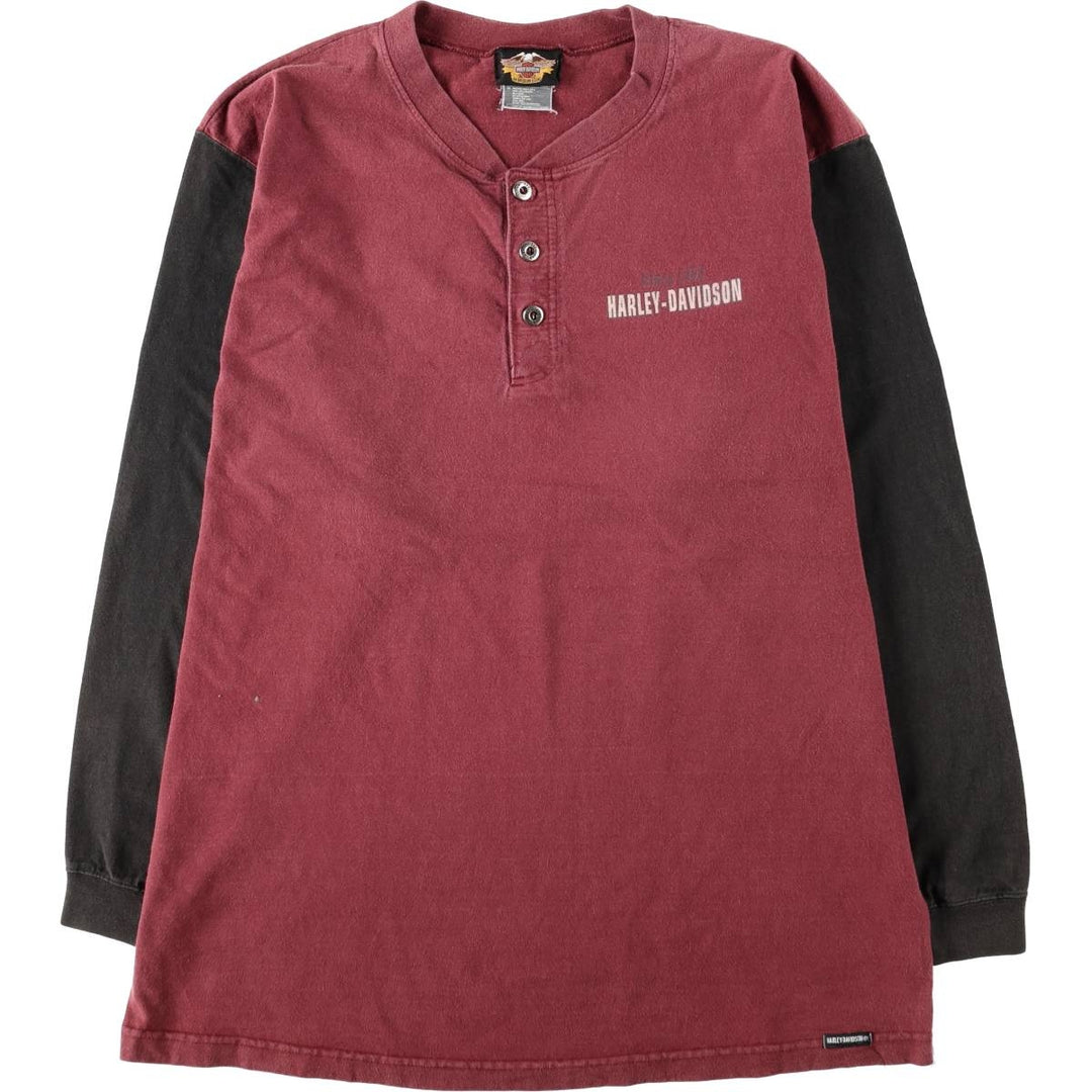 Harley-Davidson Motorcycle Henley Neck Long-Sleeve T-Shirt, Made in USA, Men's Size XL (approx.) cotton Red type red-purple Vintage Second Hand