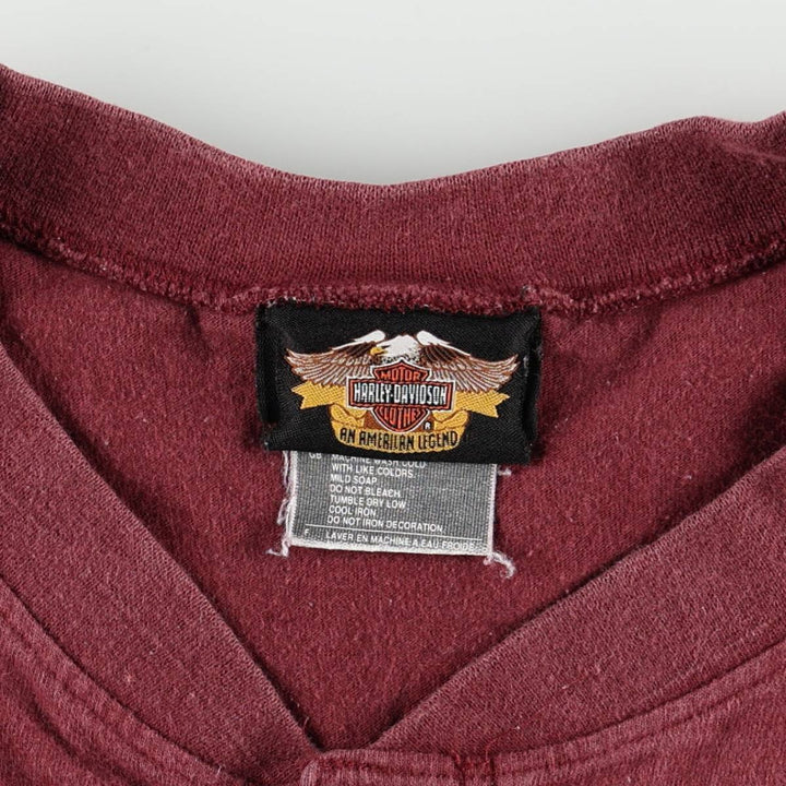 Harley-Davidson Motorcycle Henley Neck Long-Sleeve T-Shirt, Made in USA, Men's Size XL (approx.) cotton Red type red-purple Vintage Second Hand