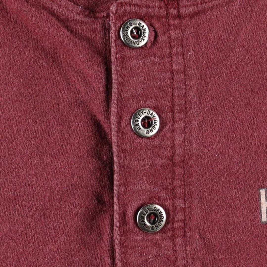 Harley-Davidson Motorcycle Henley Neck Long-Sleeve T-Shirt, Made in USA, Men's Size XL (approx.) cotton Red type red-purple Vintage Second Hand