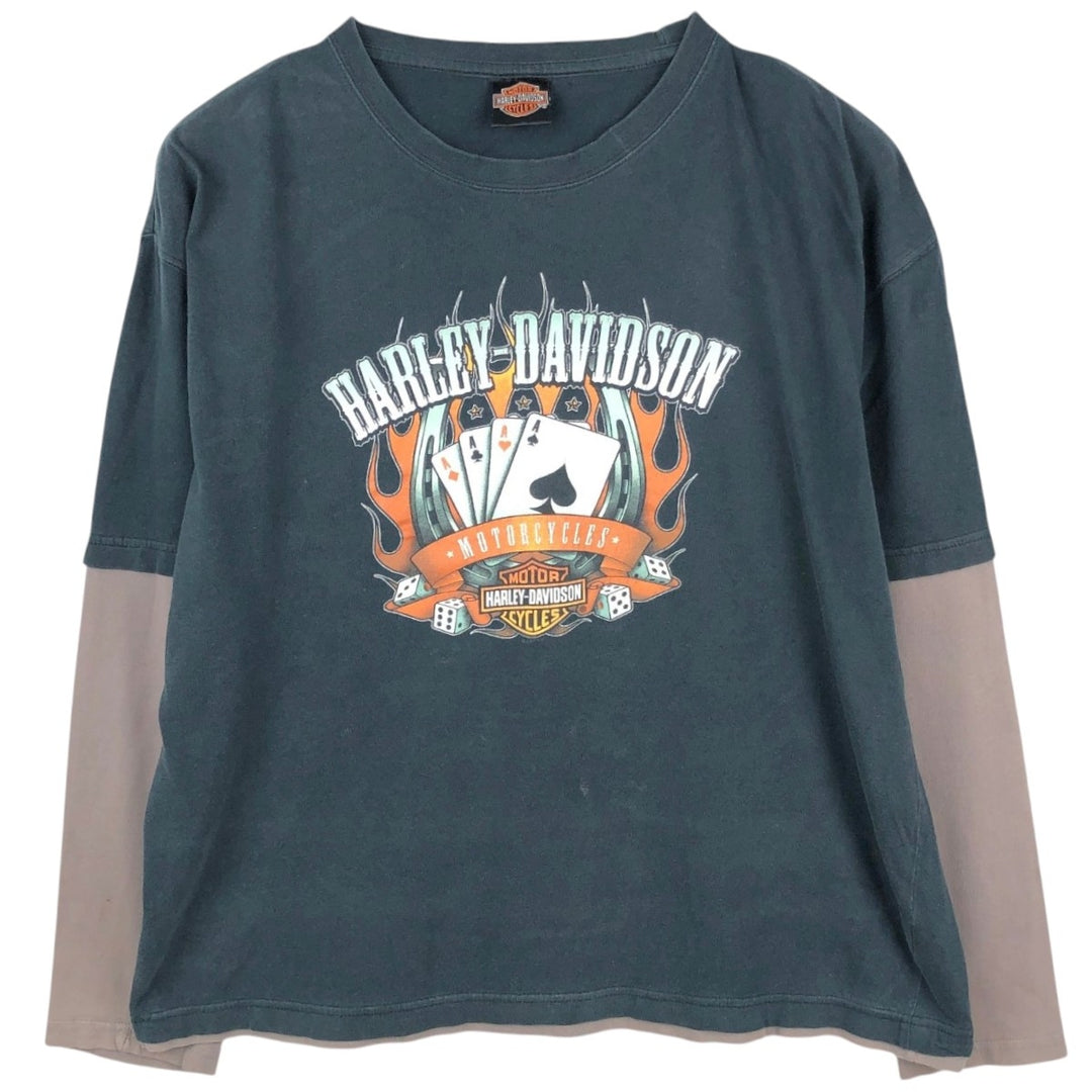 Harley-Davidson Motorcycle Fire Pattern Long Sleeve T-Shirt, Men's XL cotton black type Vintage Second Hand