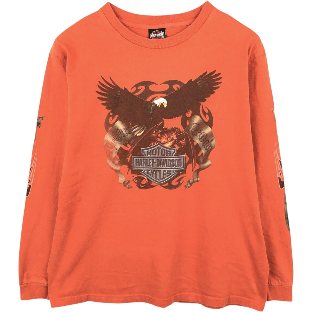 Harley-Davidson Eagle Pattern Motorcycle Long-Sleeve T-Shirt, Made in USA, Men's Size XL (approx.) cotton orange type Vintage Second Hand