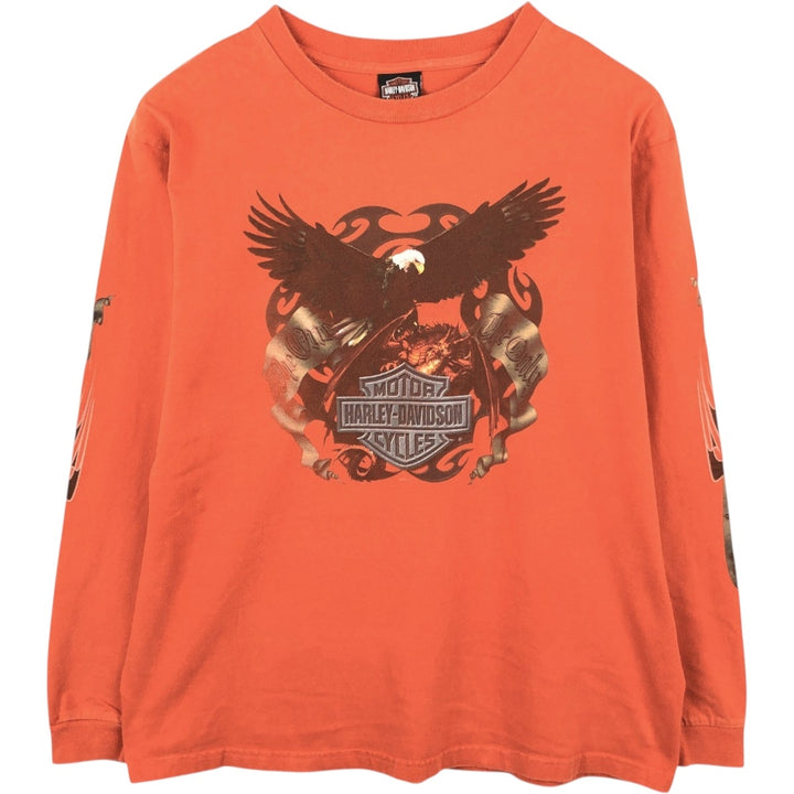 Harley-Davidson Eagle Pattern Motorcycle Long-Sleeve T-Shirt, Made in USA, Men's Size XL (approx.) cotton orange type Vintage Second Hand
