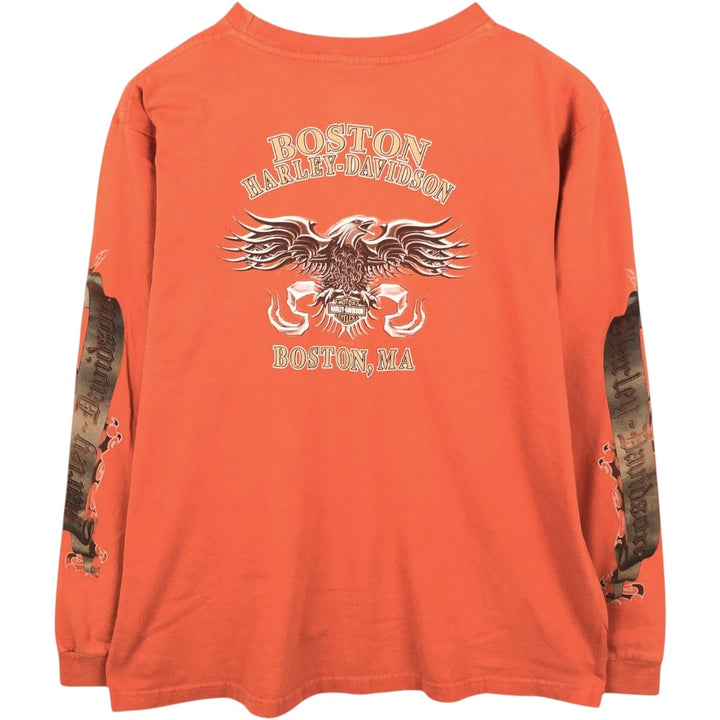Harley-Davidson Eagle Pattern Motorcycle Long-Sleeve T-Shirt, Made in USA, Men's Size XL (approx.) cotton orange type Vintage Second Hand