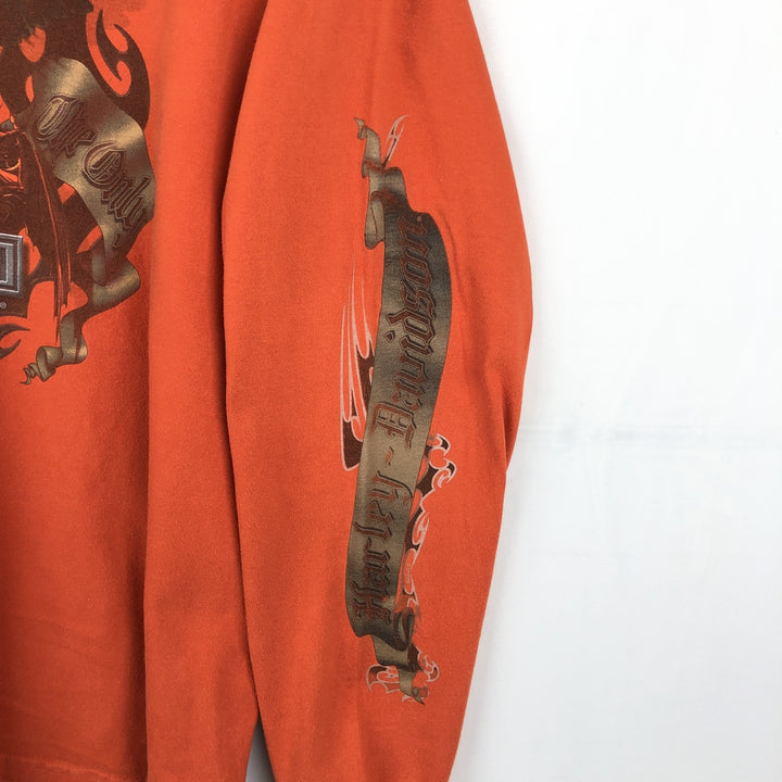 Harley-Davidson Eagle Pattern Motorcycle Long-Sleeve T-Shirt, Made in USA, Men's Size XL (approx.) cotton orange type Vintage Second Hand