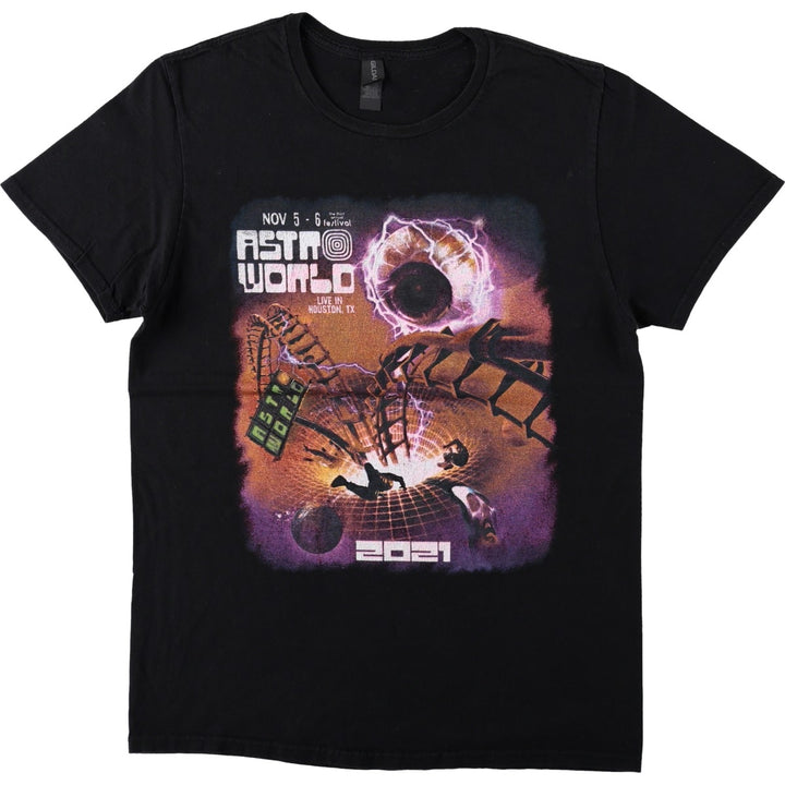 Gildan ASTRO WORLD Skull Pattern Rap T-Shirt (Men's XL equivalent) cotton black type Vintage Second Hand