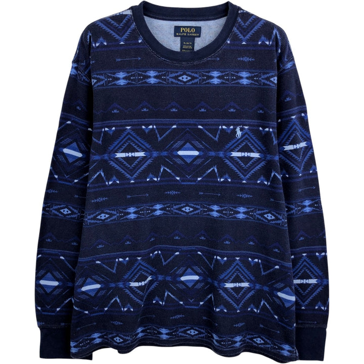 Ralph Lauren POLO RALPH LAUREN All-over Native Pattern Thermal Long-Sleeve T-Shirt, Men's Size XL (approx.) cotton Navy blue Vintage Second Hand