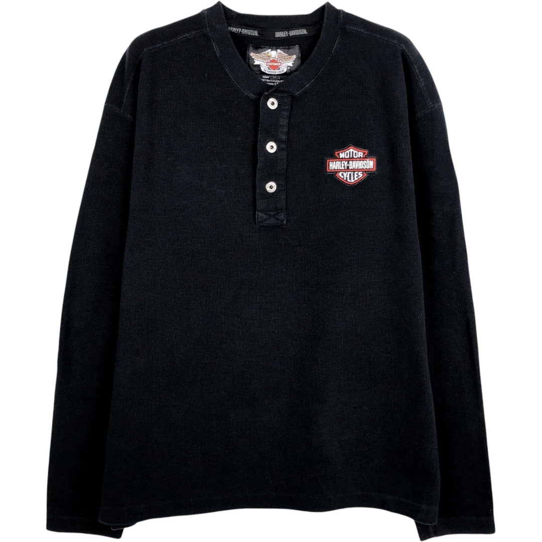 Harley-Davidson Henley Neck Thermal Long-Sleeve T-Shirt (Waffle Knit) - Men's Size M (approx.) cotton black type Vintage Second Hand