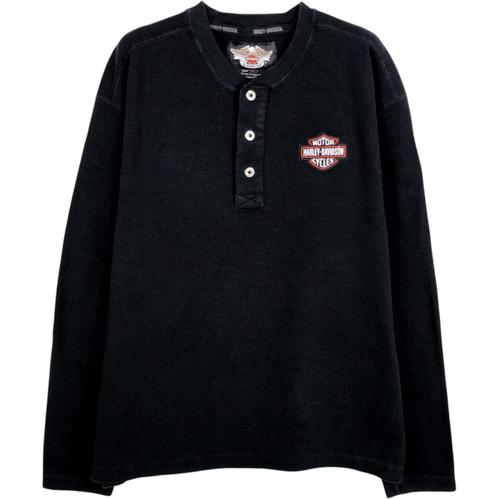 Harley-Davidson Henley Neck Thermal Long-Sleeve T-Shirt (Waffle Knit) - Men's Size M (approx.) cotton black type Vintage Second Hand