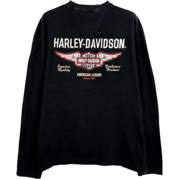 Harley-Davidson Henley Neck Thermal Long-Sleeve T-Shirt (Waffle Knit) - Men's Size M (approx.) cotton black type Vintage Second Hand