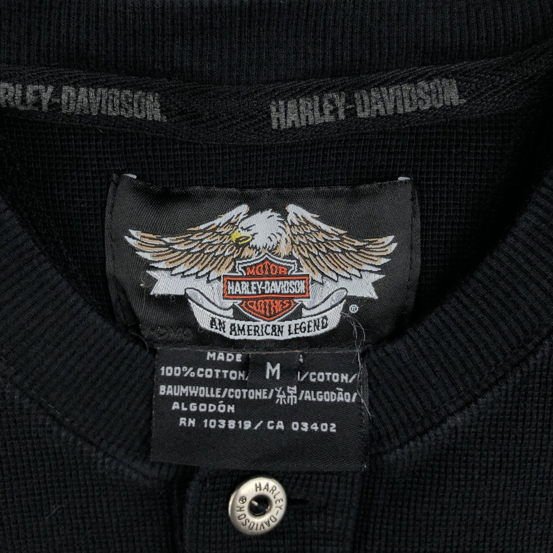 Harley-Davidson Henley Neck Thermal Long-Sleeve T-Shirt (Waffle Knit) - Men's Size M (approx.) cotton black type Vintage Second Hand