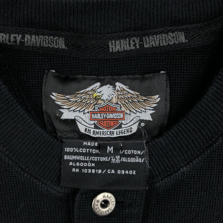 Harley-Davidson Henley Neck Thermal Long-Sleeve T-Shirt (Waffle Knit) - Men's Size M (approx.) cotton black type Vintage Second Hand