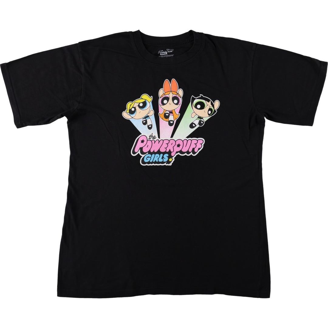 THE POWERPUFF GIRLS Character Print T-Shirt (Women's Size L) cotton black type Vintage Second Hand