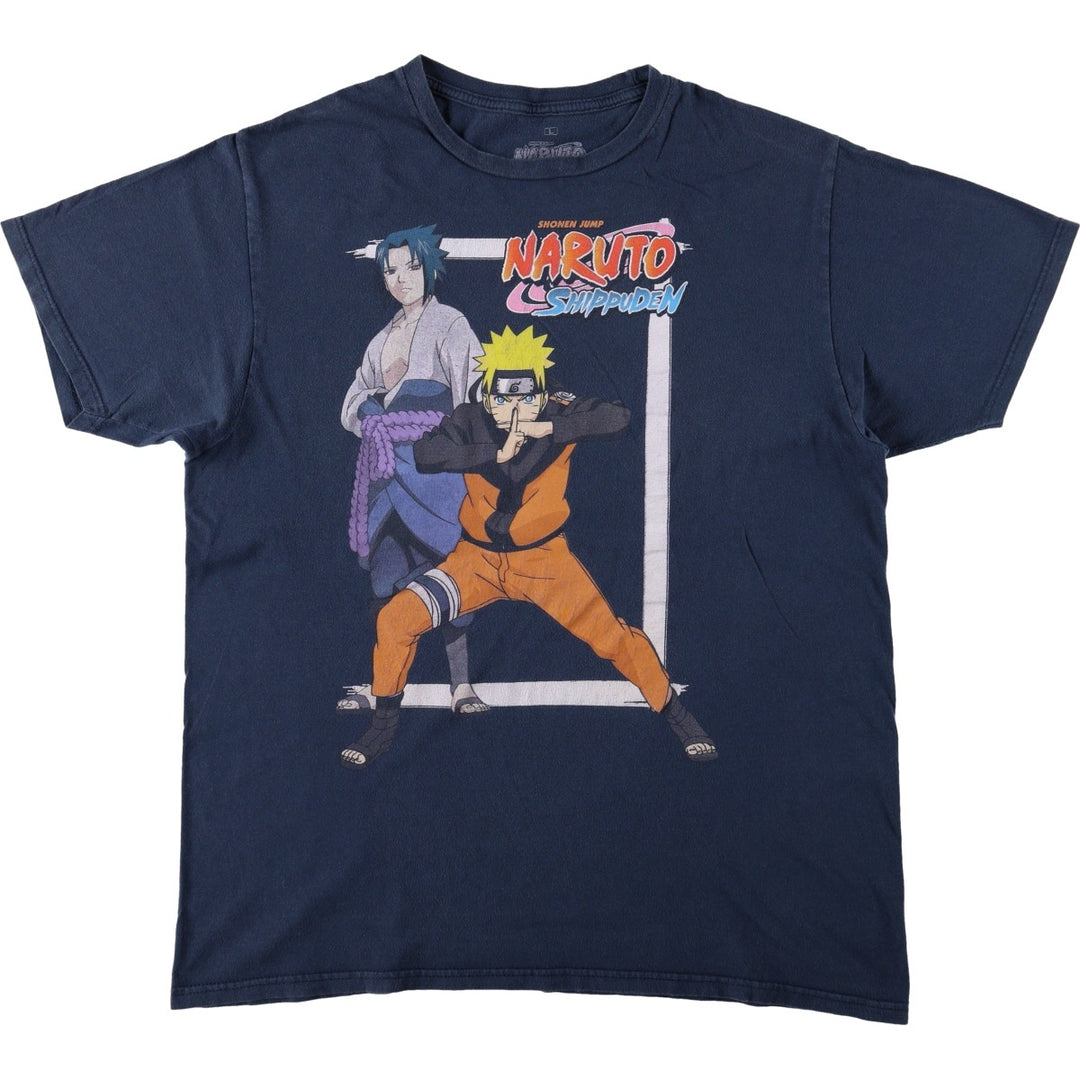 Ripple Junction Naruto Shippuden Uzumaki Naruto Uchiha Sasuke Anime Character Print T-Shirt Men's Size L (approx.) cotton navy blue type Vintage Second Hand