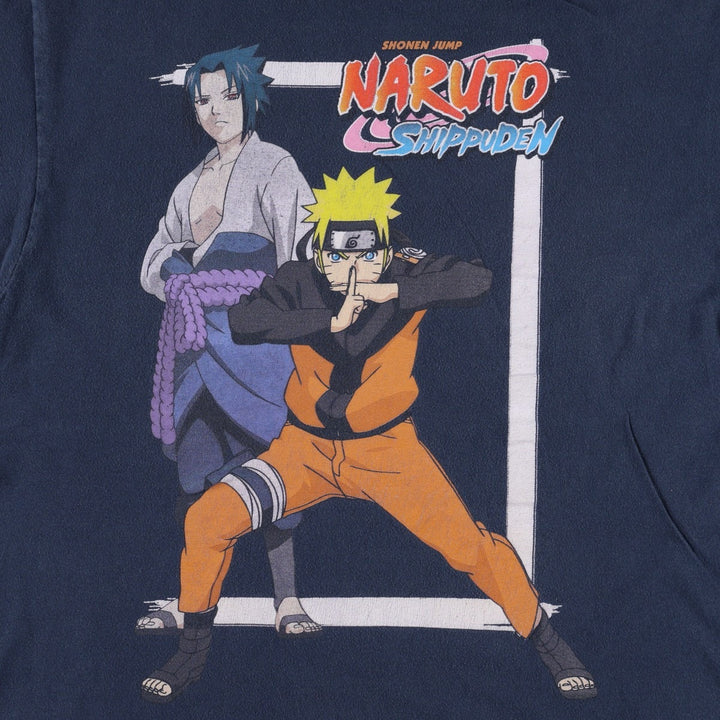 Ripple Junction Naruto Shippuden Uzumaki Naruto Uchiha Sasuke Anime Character Print T-Shirt Men's Size L (approx.) cotton navy blue type Vintage Second Hand