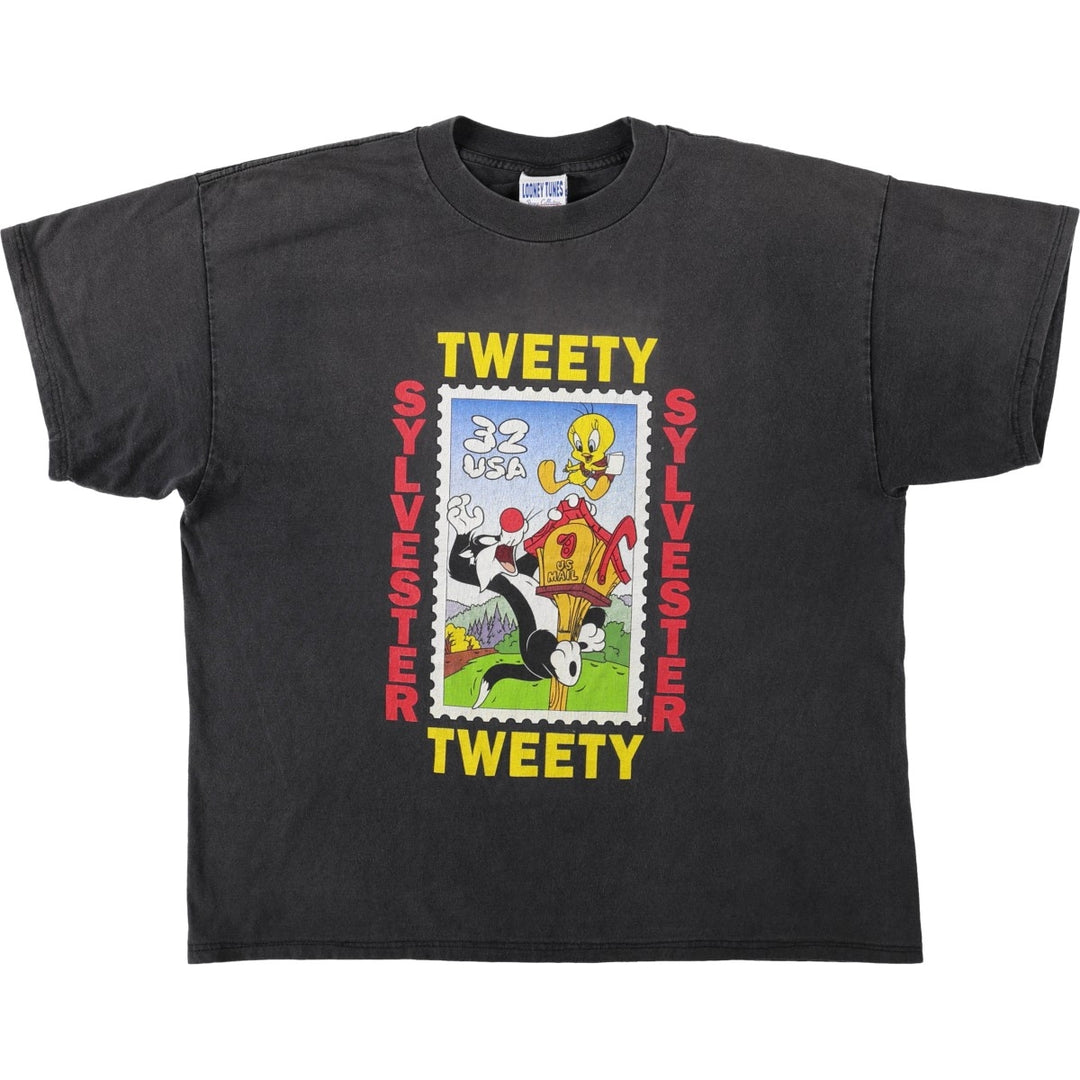 90'S Looney Tunes Sylvester & Tweety Character Print T-Shirt, Made in USA, Men's XL (approx.), Vintage cotton black type Vintage Second Hand