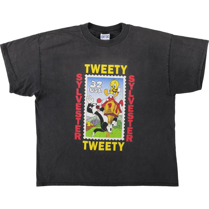 90'S Looney Tunes Sylvester & Tweety Character Print T-Shirt, Made in USA, Men's XL (approx.), Vintage cotton black type Vintage Second Hand