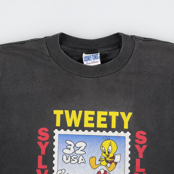 90'S Looney Tunes Sylvester & Tweety Character Print T-Shirt, Made in USA, Men's XL (approx.), Vintage cotton black type Vintage Second Hand