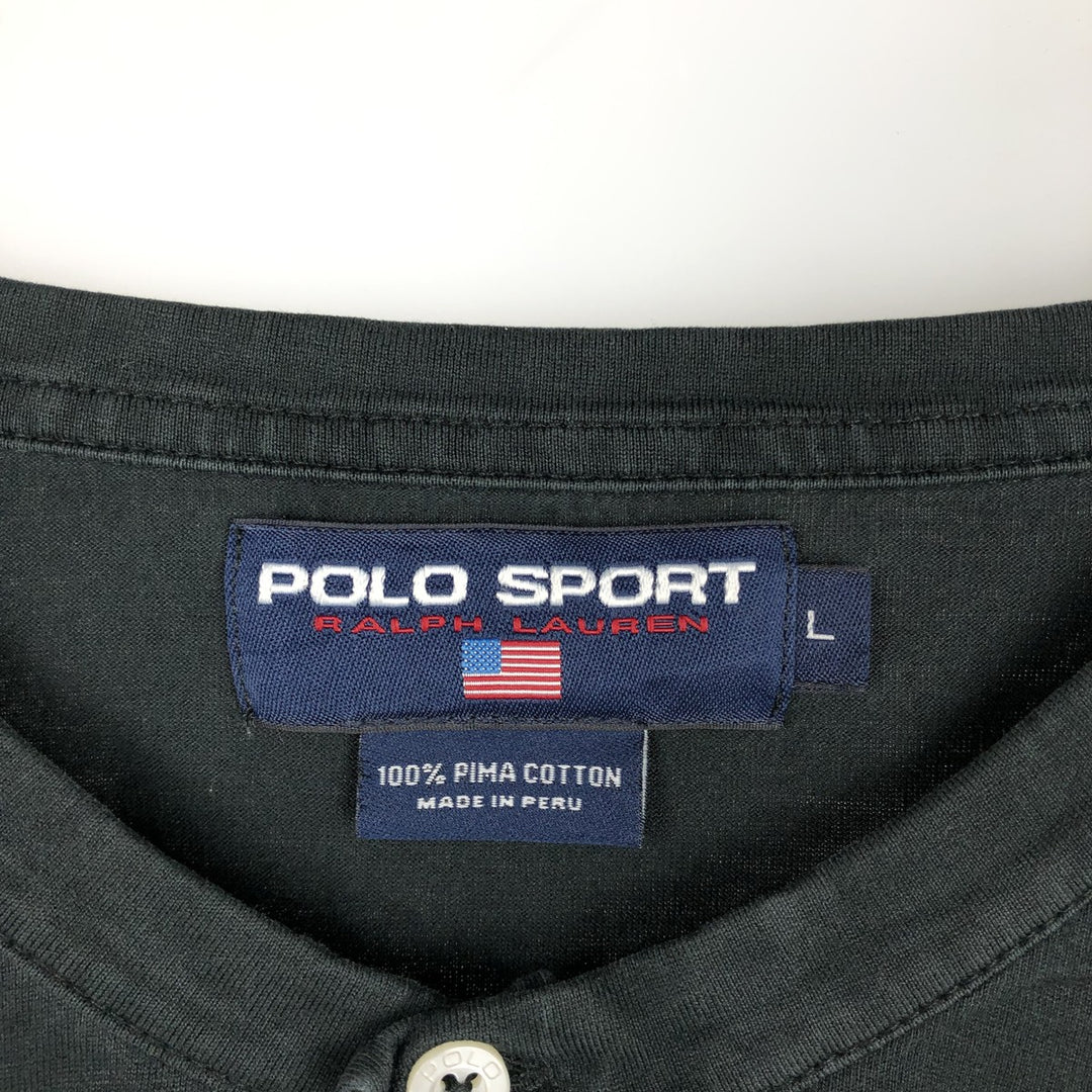 Ralph Lauren POLO SPORT Henley neck short-sleeved T-shirt with a single logo, men's size L (approx.) Pima Cotton black type Vintage Second Hand