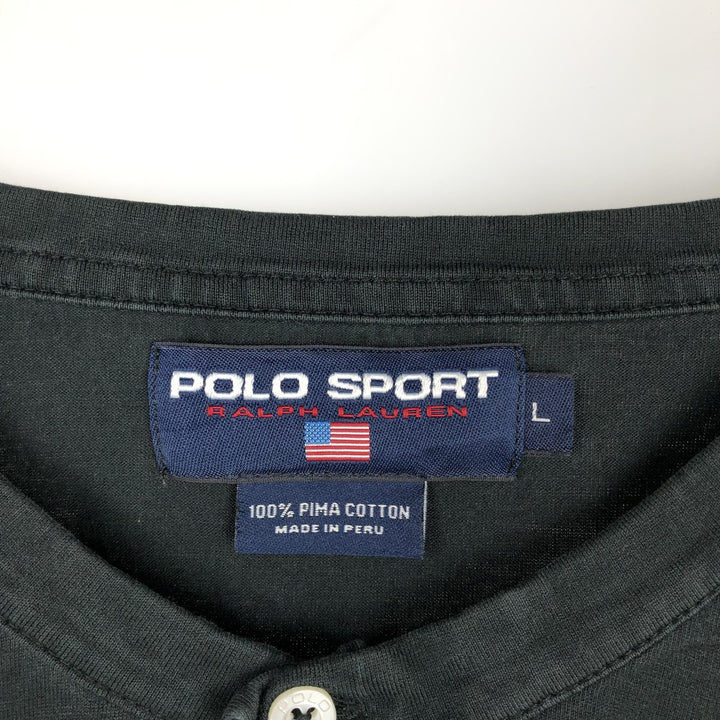 Ralph Lauren POLO SPORT Henley neck short-sleeved T-shirt with a single logo, men's size L (approx.) Pima Cotton black type Vintage Second Hand