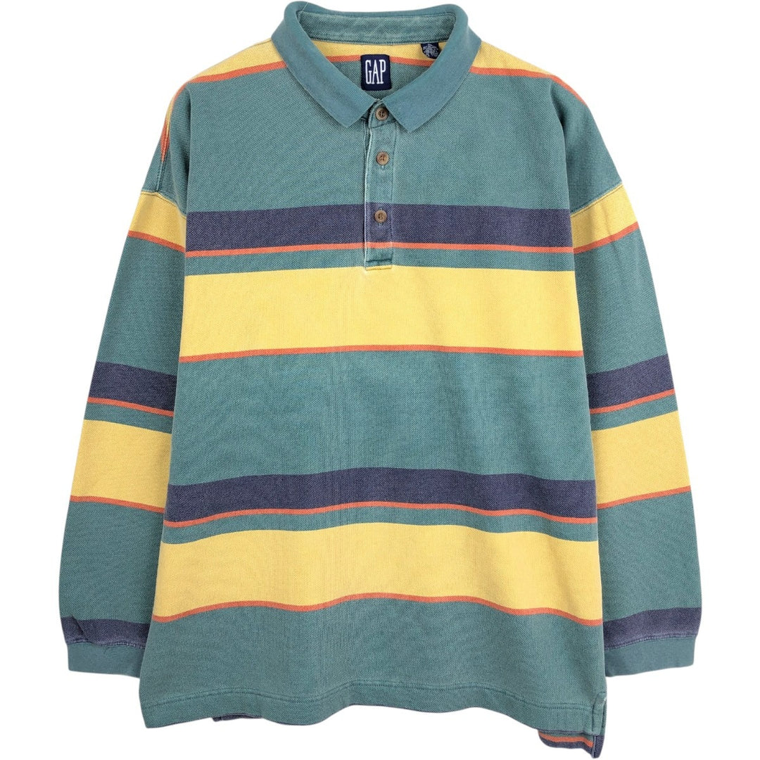 90'S GAP Old Gap Multi-stripe Long-Sleeve Striped Polo Shirt Men's XL (approx.) Vintage cotton Khaki type sage green Vintage Second Hand