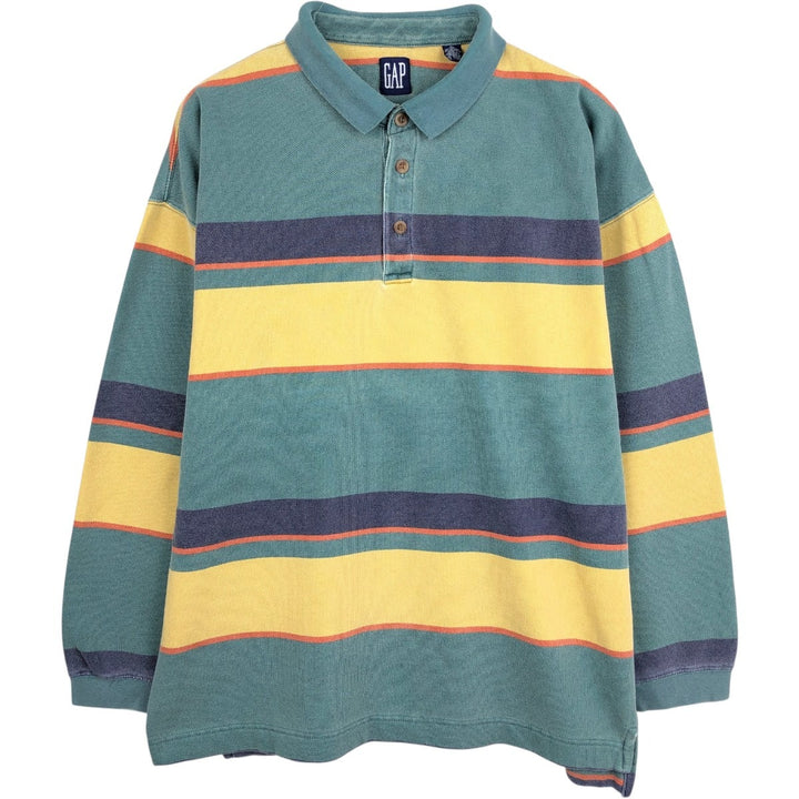 90'S GAP Old Gap Multi-stripe Long-Sleeve Striped Polo Shirt Men's XL (approx.) Vintage cotton Khaki type sage green Vintage Second Hand
