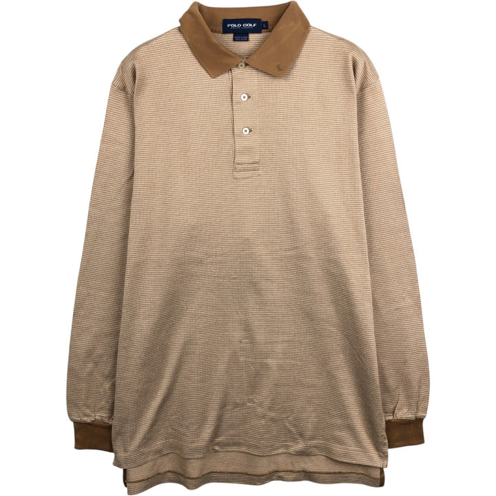 Ralph Lauren POLO GOLF Houndstooth Pattern Long-Sleeve Check Polo Shirt, Men's Size L (approx.) cotton beige type brown Vintage Second Hand