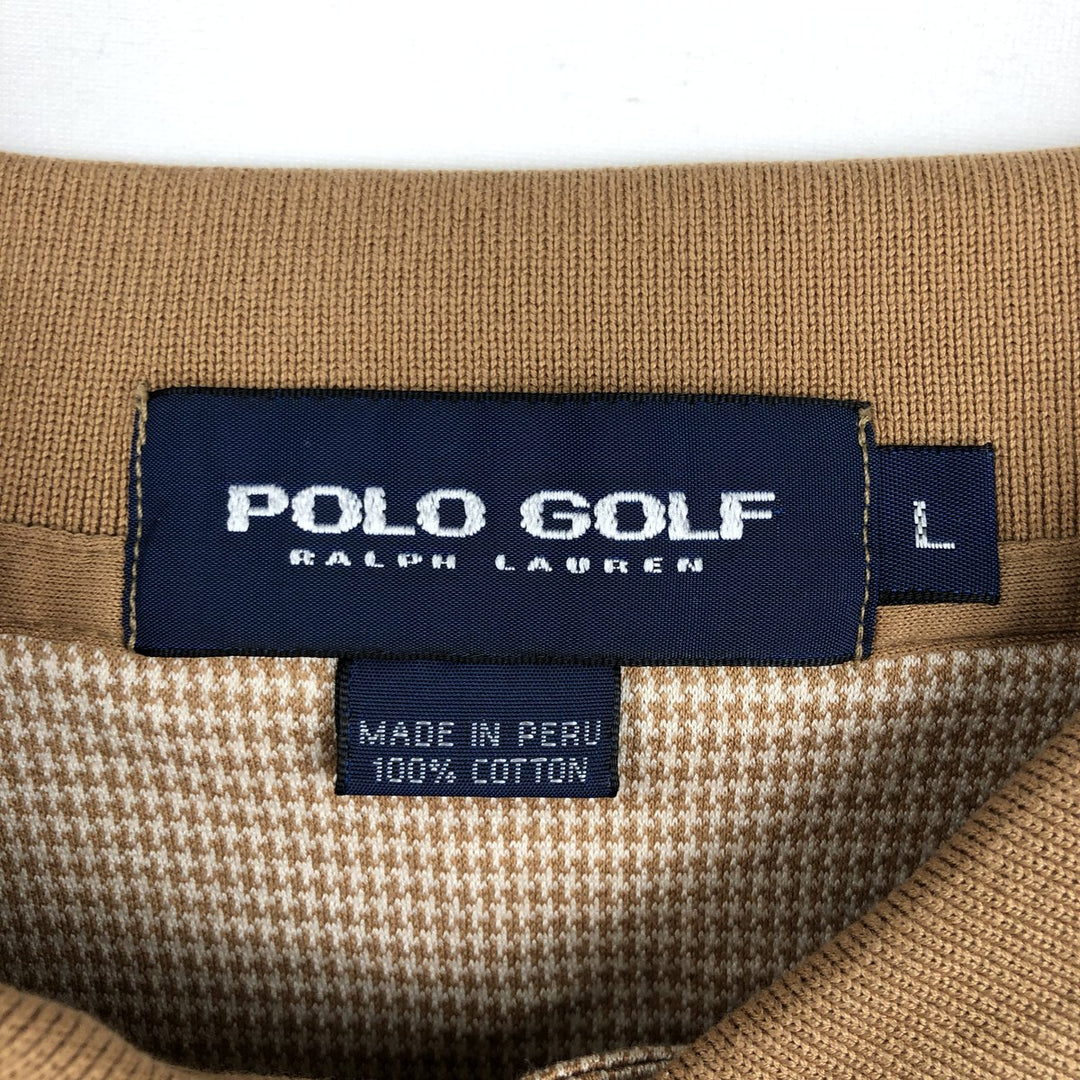 Ralph Lauren POLO GOLF Houndstooth Pattern Long-Sleeve Check Polo Shirt, Men's Size L (approx.) cotton beige type brown Vintage Second Hand