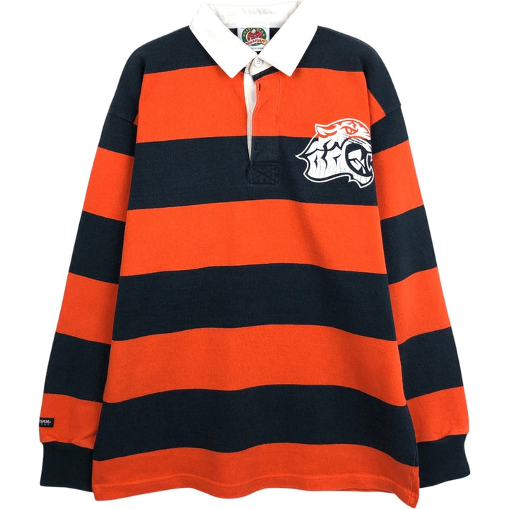 BARBARIAN Border Pattern Long Sleeve Rugby Shirt, Made in Canada, Men's XL cotton orange type Vintage Second Hand