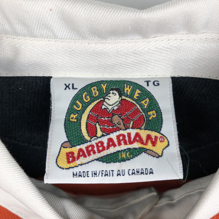 BARBARIAN Border Pattern Long Sleeve Rugby Shirt, Made in Canada, Men's XL cotton orange type Vintage Second Hand