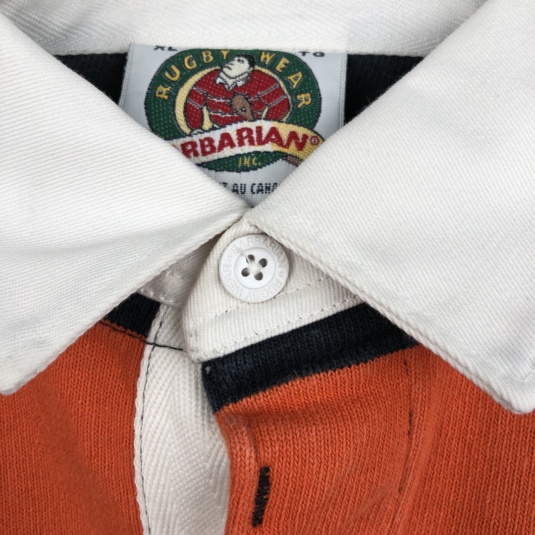 BARBARIAN Border Pattern Long Sleeve Rugby Shirt, Made in Canada, Men's XL cotton orange type Vintage Second Hand