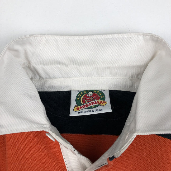 BARBARIAN Border Pattern Long Sleeve Rugby Shirt, Made in Canada, Men's XL cotton orange type Vintage Second Hand