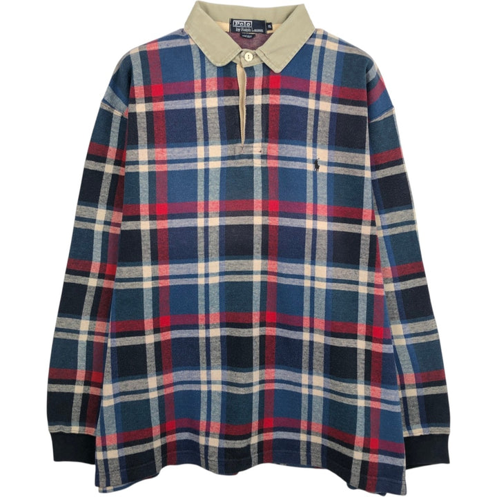 Ralph Lauren POLO by Ralph Lauren Check Pattern Long-Sleeve Rugby Shirt, Made in USA, Men's Size XL (approx.) cotton blue type Vintage Second Hand