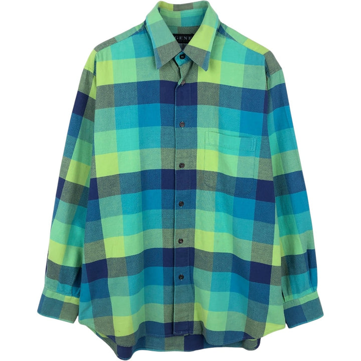 GENE Long-Sleeve Cotton Check Shirt, Made in Italy, Men's Size M (approx.) cotton green type yellow green Vintage Second Hand