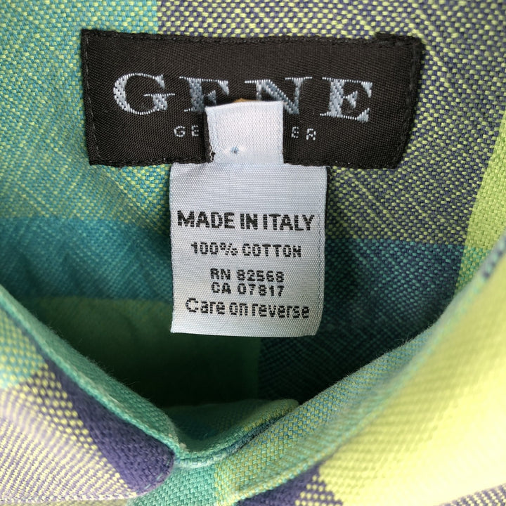 GENE Long-Sleeve Cotton Check Shirt, Made in Italy, Men's Size M (approx.) cotton green type yellow green Vintage Second Hand