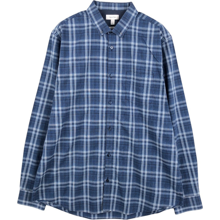 Calvin Klein INFINITE wide collar long-sleeve button-down check shirt, men's size L (approx.) cotton blue type Vintage Second Hand