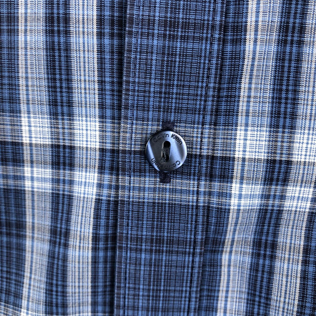 Calvin Klein INFINITE wide collar long-sleeve button-down check shirt, men's size L (approx.) cotton blue type Vintage Second Hand