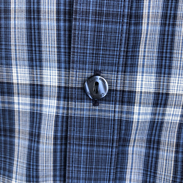 Calvin Klein INFINITE wide collar long-sleeve button-down check shirt, men's size L (approx.) cotton blue type Vintage Second Hand