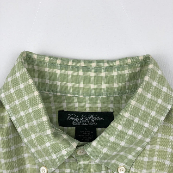 Brooks Brothers COUNTRY CLUB Long-Sleeve Button-Down Check Shirt, Made in USA, Men's Size L (approx.) cotton Khaki type sage green Vintage Second Hand