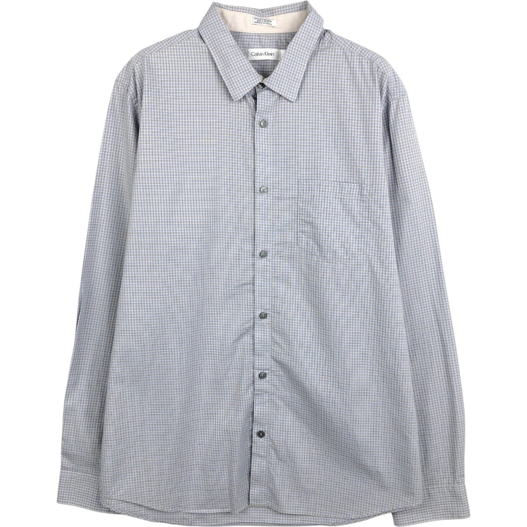2000s- Calvin Klein long-sleeved cotton check shirt with hidden button-down collar, men's size L (approx.) cotton Blue type light blue Vintage Second Hand