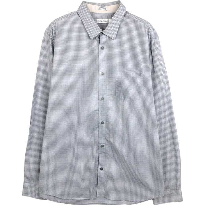 2000s- Calvin Klein long-sleeved cotton check shirt with hidden button-down collar, men's size L (approx.) cotton Blue type light blue Vintage Second Hand